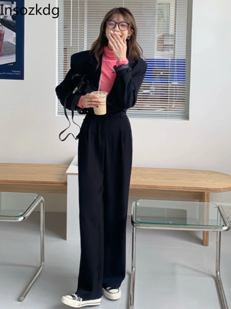 

Lnsozkdg Two Piece Set Women Suits Long Sleeve Short Blazers High Waist Pants Solid Color Korean Style Vintage Chic Outfits Y2k