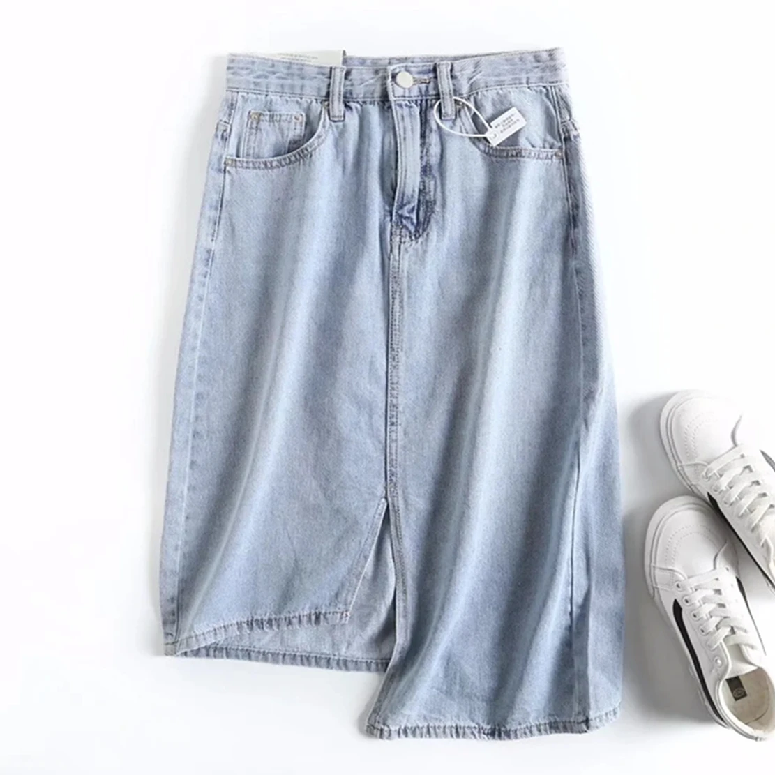 

Elmsk 2022 High Street Vintage Irregular England Style High Waist Sky Blue A-line Long Denim Skirt Midi Skirts Women
