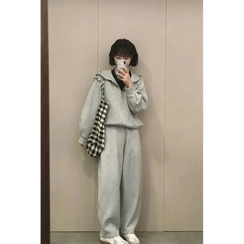 Корейский модный брендовый серый спортивный комплект для отдыха женский ранняя