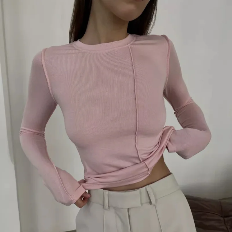

Autumn New Solid Color Stitching Stretch Slim Round Neck T-shirt Women Long-sleeved All-match Top Female