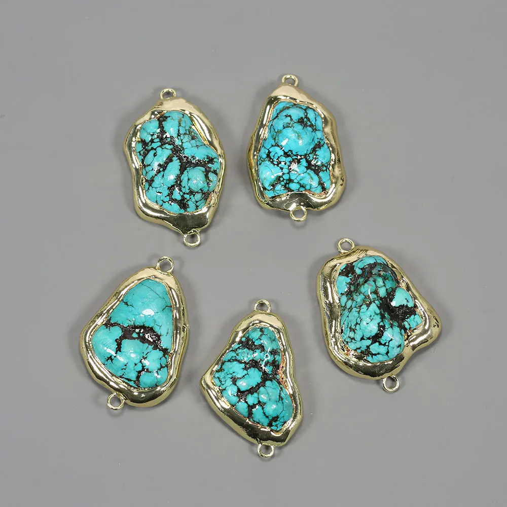 APDGG 5 Pcs Blue Turquoise Freeform Nugget Beads 14K Gold Plated Connector Real Stone For Jewelry Making DIY