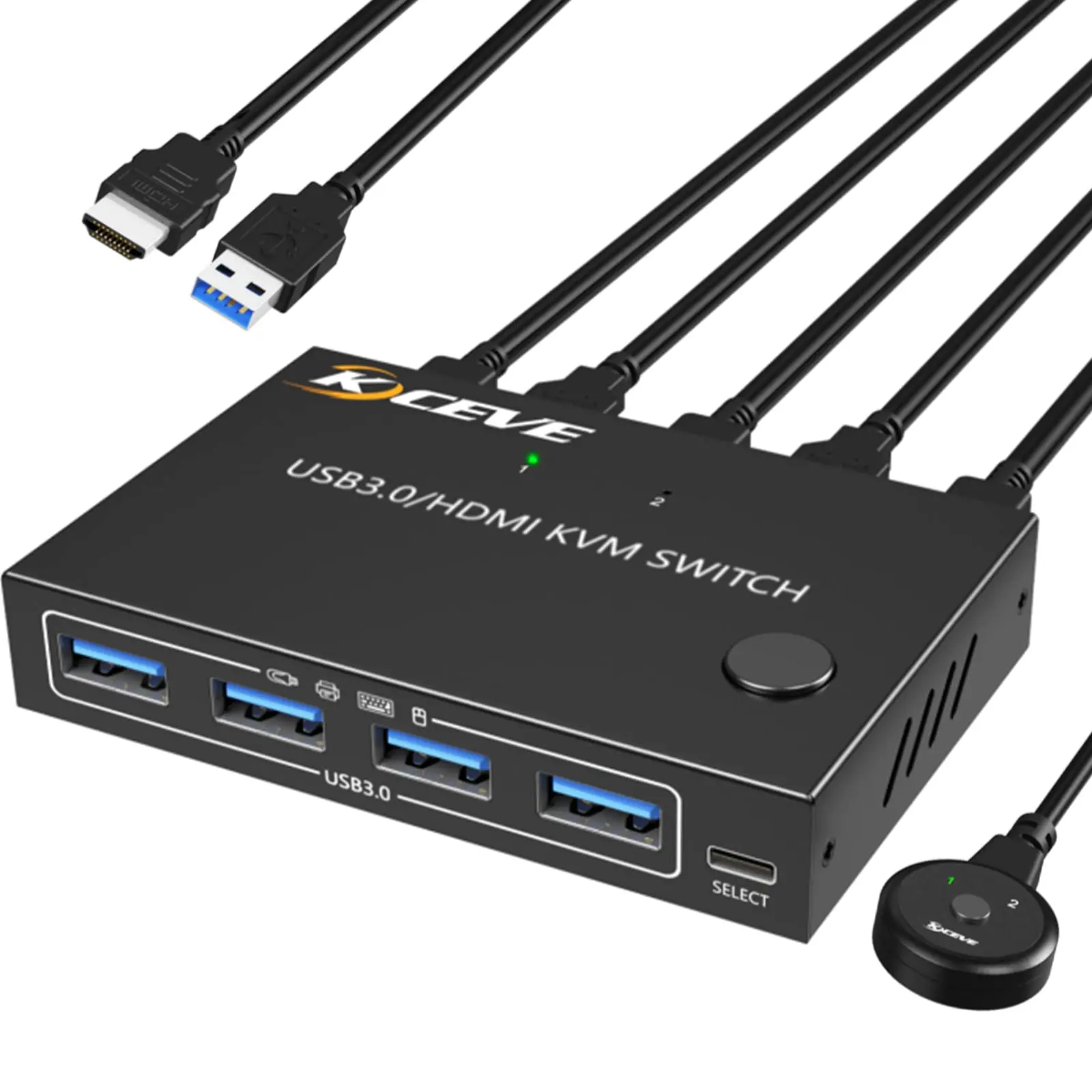 

KCEVE 2 in 1 out USB 3.0 KVM Switcher USB3.0/HD Switcher Support up to 3840*2160@60Hz Resolution One-button Switching