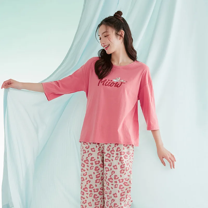 Spring and Summer Pajamas for Women's Pure Cotton Round Neck Sleeve Home Service Suit Small Fresh Style Comfortable Loungewear