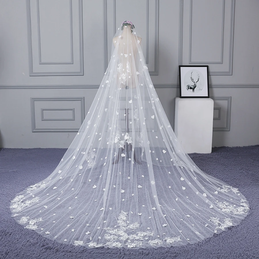 

New Arrival White Ivory Cathedral Wedding veils Lace Applique Bride veils for women wedding accessoires de mariage welon