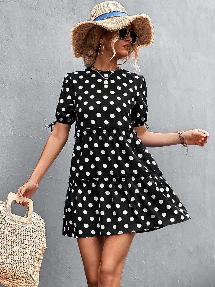 

Женское летнее платье в горошек, ТРАПЕЦИЕВИДНОЕ ПЛАТЬЕ с пышными рукавами, короткое праздничное мини-платье с оборками для женщин, 2022