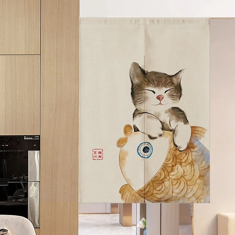 Современная занавеска на дверь с милым котом затемняющие перегородки принтом