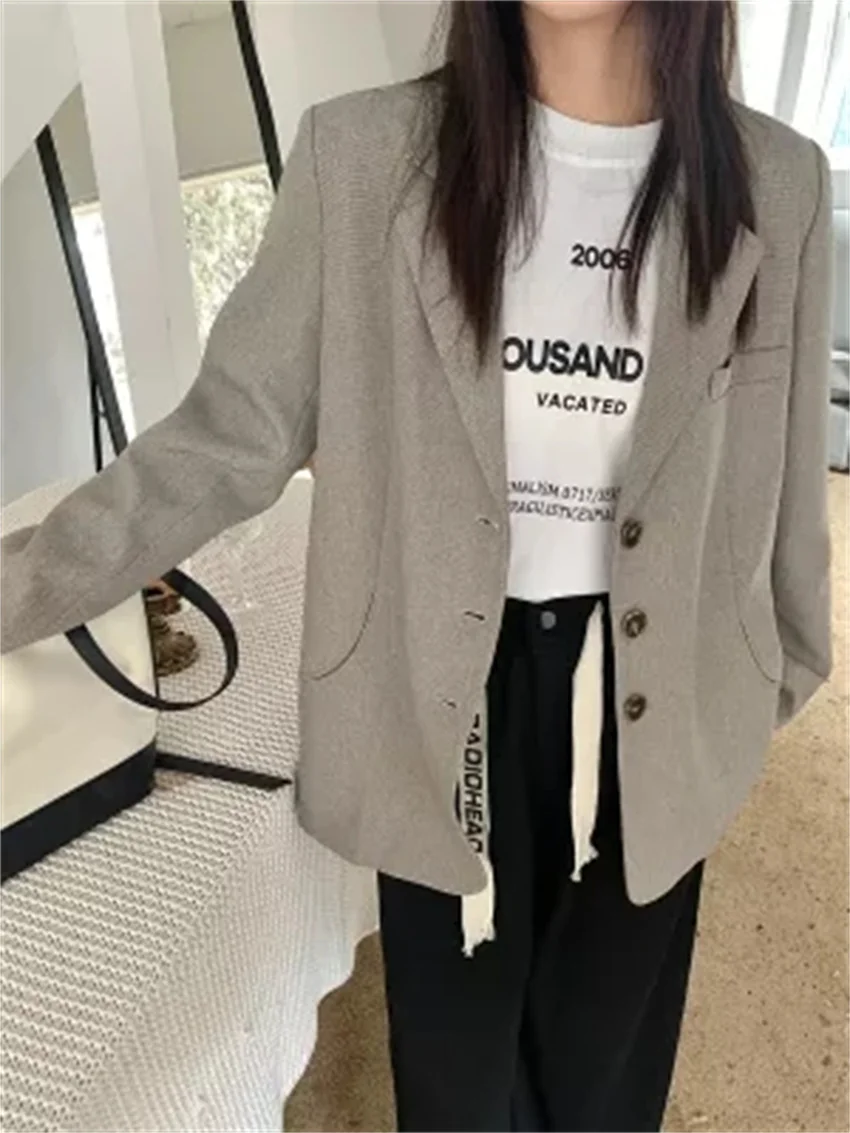

HziriP S-L Grey Vintage Autumn Coats Slim-Fit Women Chic 2022 OL Hot Sale Full Sleeve New Office Lady Streetwear Mujer Blazers