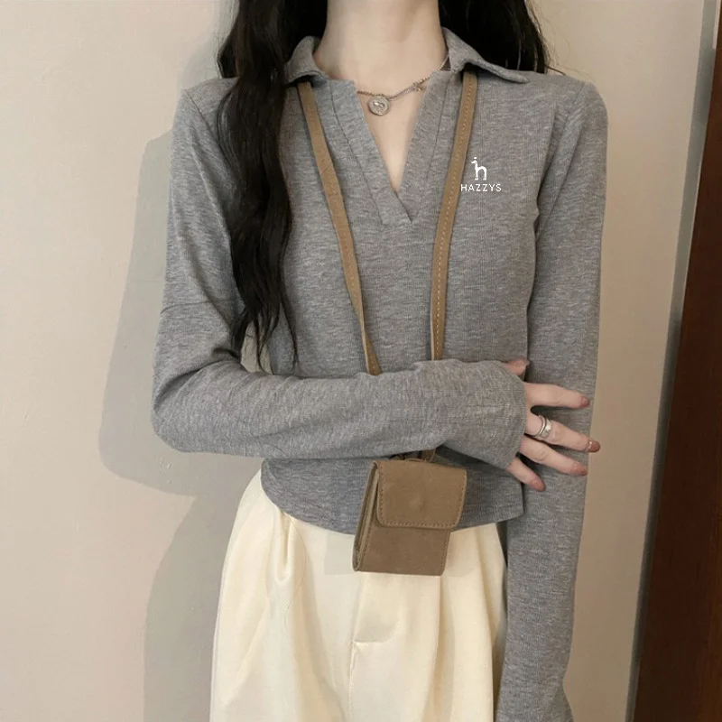 HAZZYS Ladies Golf Long Sleeve Tee Women's Lapels Instagram Spice Girls Slim Fit Casual Polo Neck Short Top Girls' Base Shirt
