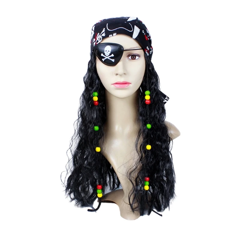 Черный вьющийся пиратский костюм для косплея парик с шарфом повязкой на глазу