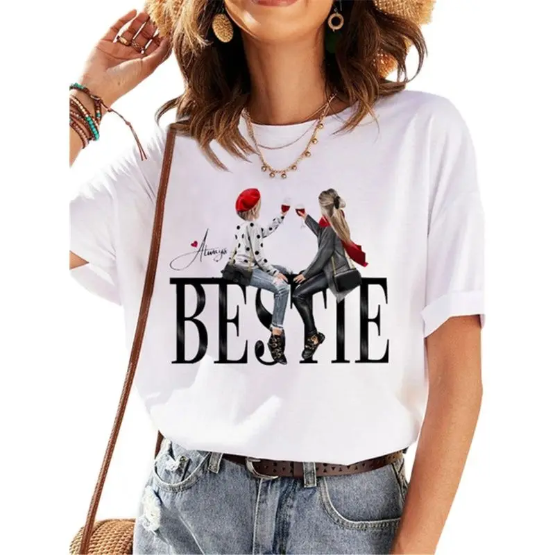 

Hot Selling Girl Pattern Printed Girlfriends Outfit Crew-neck White Casual Short-sleeved T-shirt Fashion Women's Crew-neck Shirt