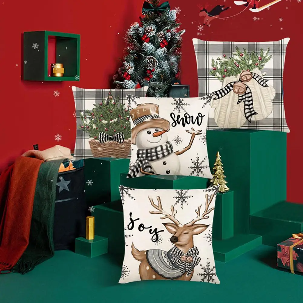 

17-inch Green Plaid Series Christmas Pillowcase Decorated With Printed Elk Snowman Christmas Tree Cushion Cover Sofa Pillow