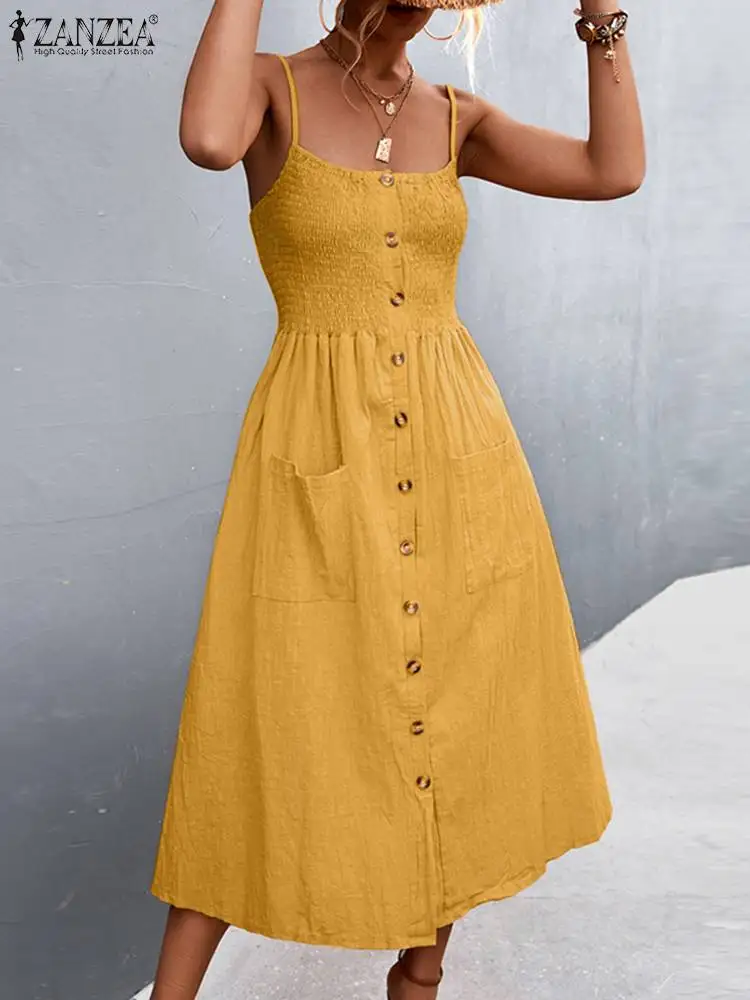 

Женское платье-рубашка ZANZEA, пикантное летнее миди-платье без рукавов, повседневное однотонное хлопковое праздничное пляжное платье, вечерн...