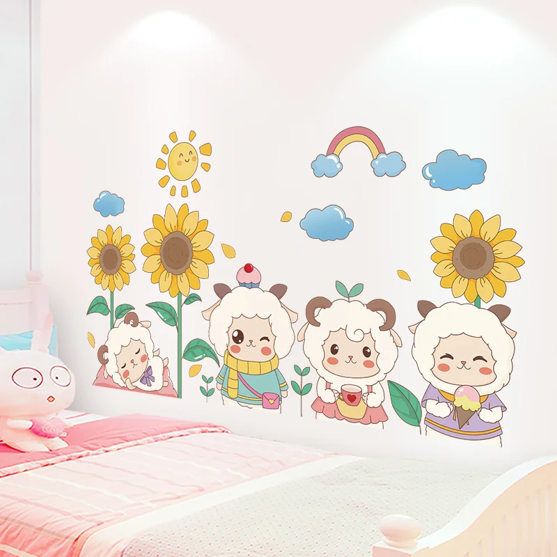 

Наклейки на стену в виде подсолнухов, растений, ягненка, искусство для гостиной, детской, спальни, детского сада, детского сада, украшение дл...