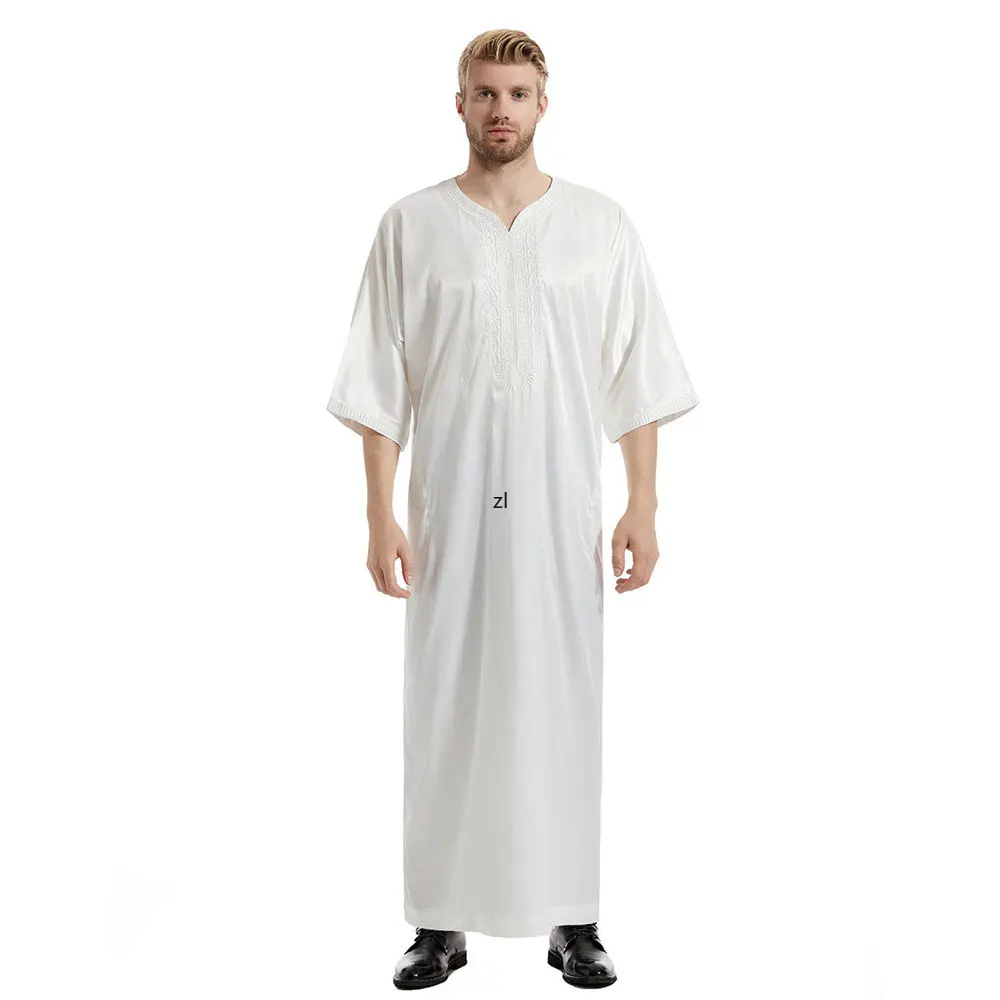 Abaya Islam Arabic Embroidery Jubba Thobe Kaftan Men Satin Solid Half Sleeve Robes Dubai Middle East Men Muslim Clothes Ramadan