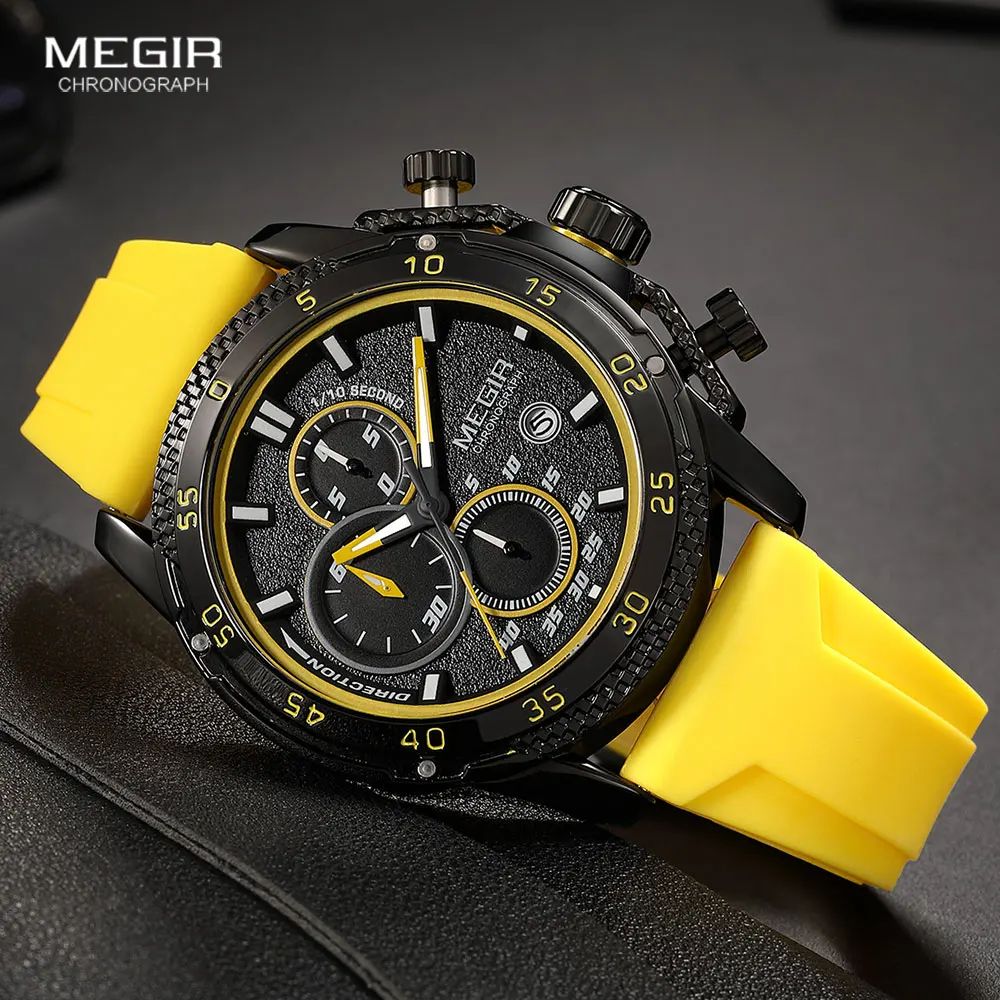 MEGIR Watch for Men Fashion Silicone Strap Chronograph Quartz Wristwatches with Auto Date Luminous Hands 3atm Waterproof 2211
