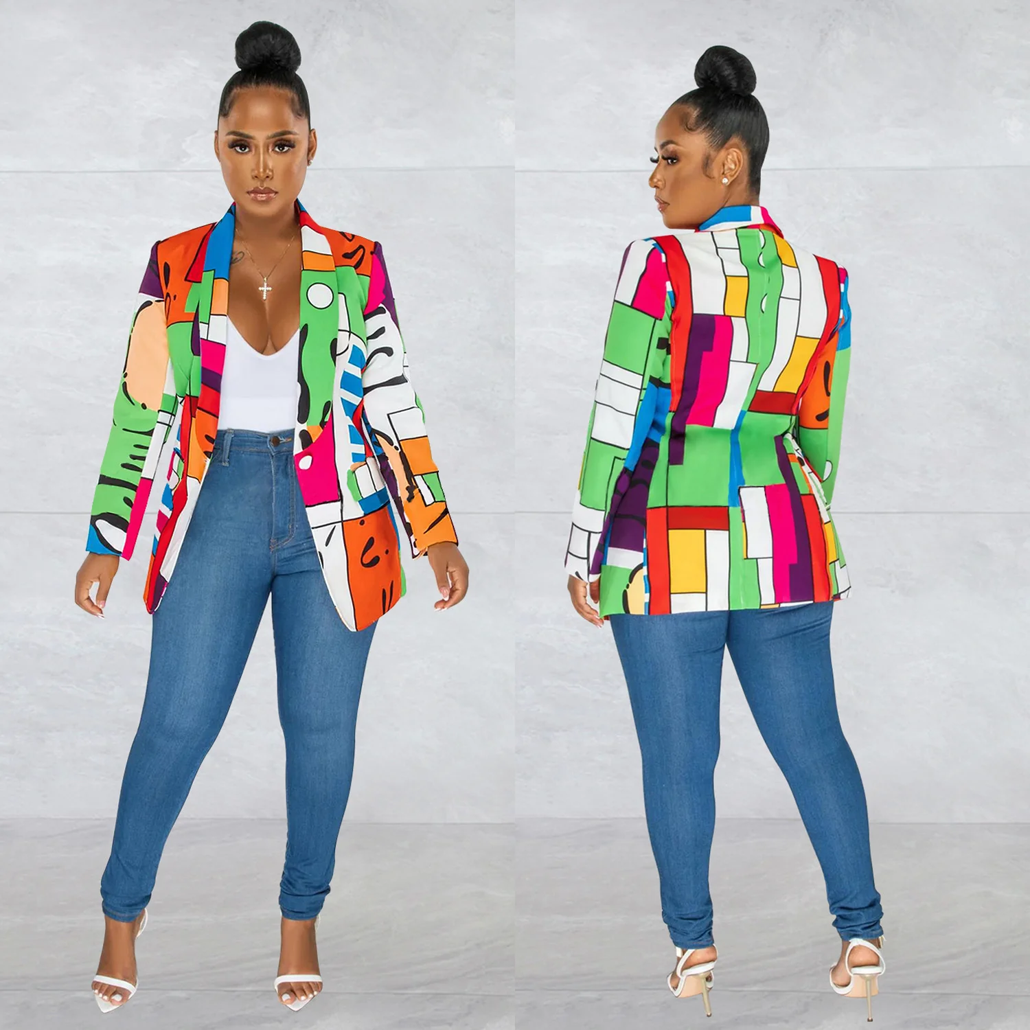 Womens Turn-Down Collar Long Sleeve Print Blazer Autumn Single Button Temperament Elegant Style Commuter jacket coats