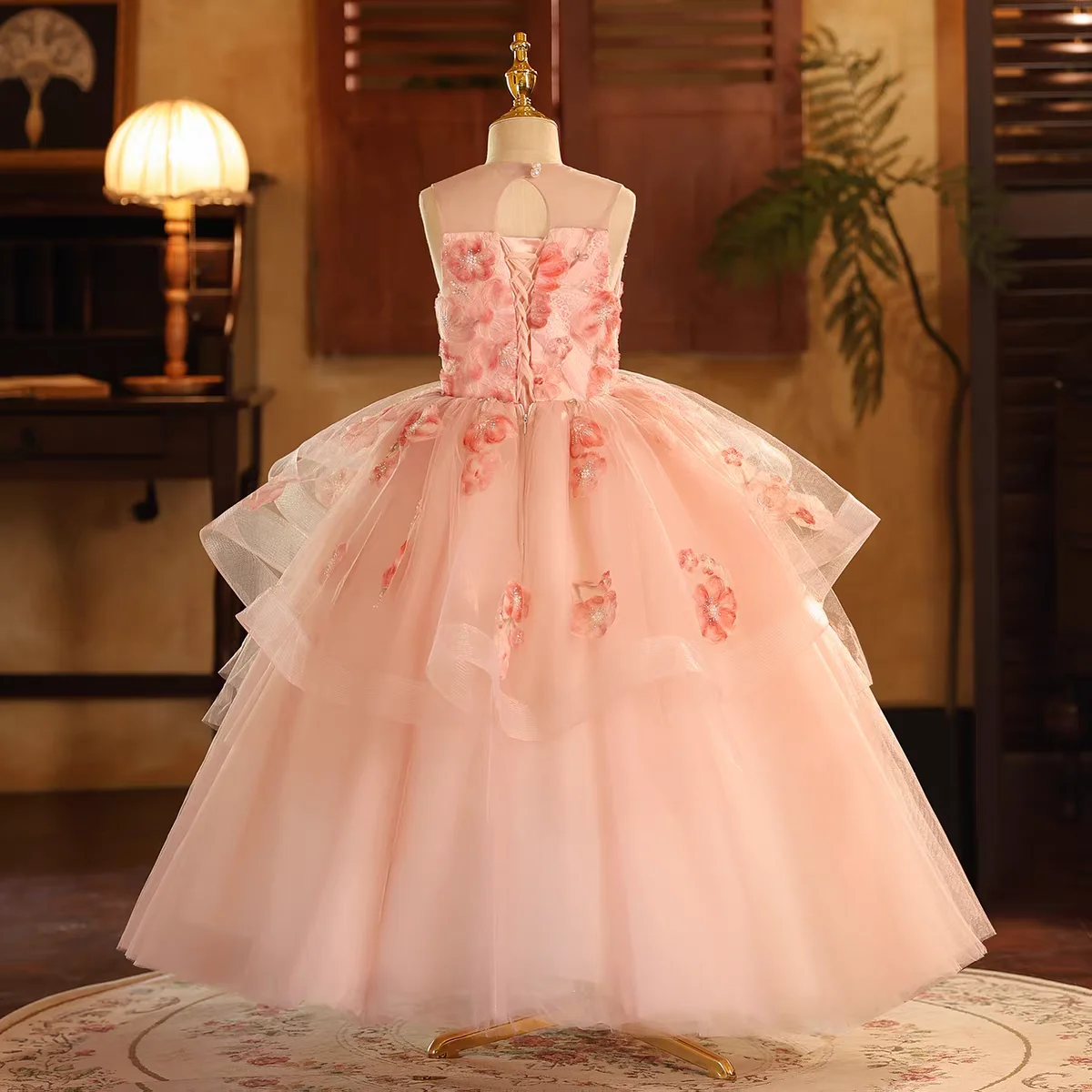 Фото Dreamy Vow D189 Розовое элегантное платье с цветочным узором для девочек с 3D цветами Юбка трапециевидной формы принцессы для дня рождения, свадьбы, дня чести №3