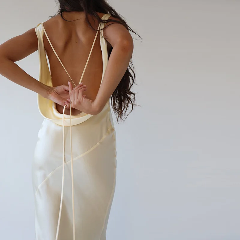 

Women's Maxi Dress Sexy Backless Spaghetti Strap Lace Up Dresses Female Satin Off Shoulder Bodycon Skirt Party Banquet Outfits