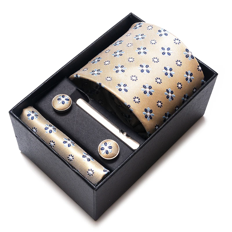 

Dropshipping Luxurious 8 cm 100% Silk Tie Hanky Pocket Squares Cufflink Set Tie Clip Necktie Box Gold Geometric