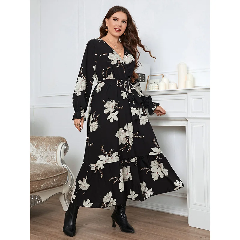 

Oversized 4XL Floral Print Surplice Neck Belted Maxi Dress Y2k Women Spring Fall Vacation Long Sleeve Ruffle Hem A-Line Dresses