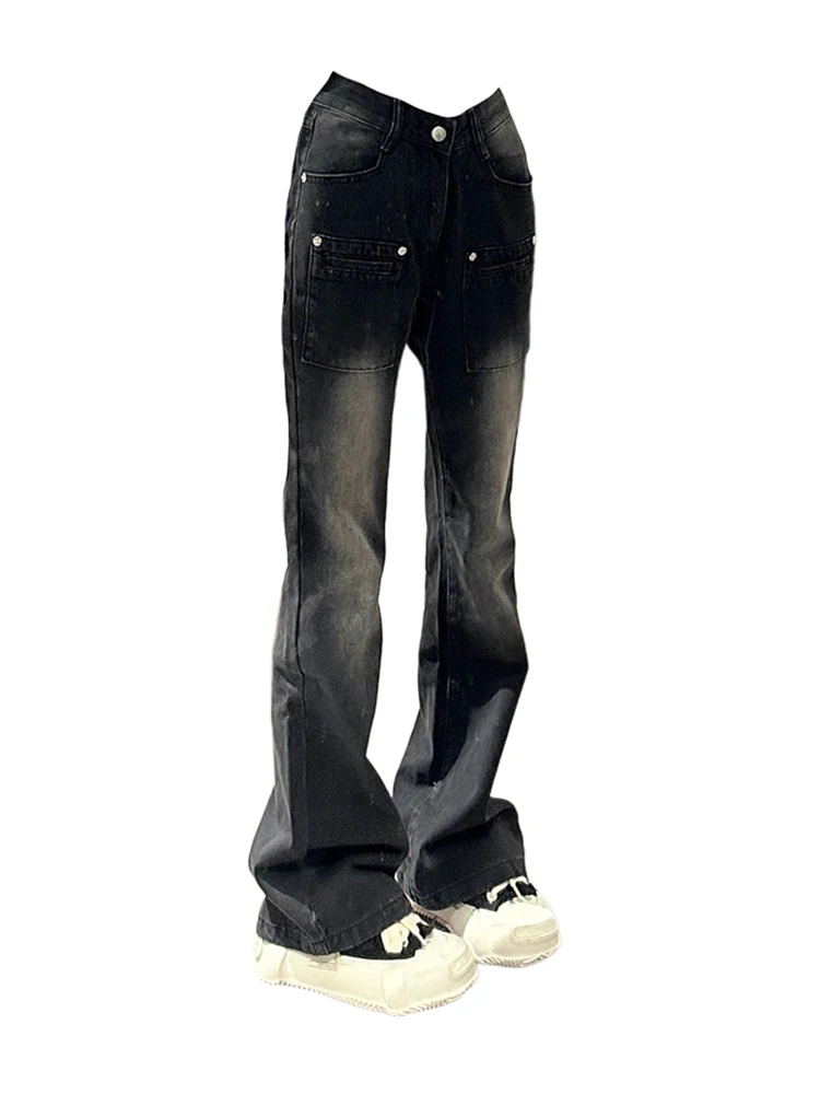 

2023 Fashion Black Denim Pants Women Basic Simple Design High Waist Slim Bell Bottoms Female Jeans Streetwear Kpop Y2k Vintage
