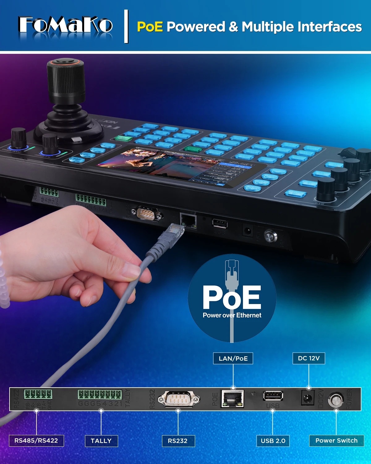 Фото Контроллер PTZ-камеры FoMaKo NDI KC608N с 5,5-дюймовым емкостным сенсорным экраном, предпросмотром 4K, 4D джойстиком Hall, PoE, поддержкой Pelco/NDI HX №1
