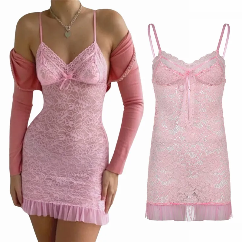 

Women’s Casual V-neck Slim Fit Suspender Dress Elegant Lace Mesh Yarn Stitching Skinny Bodycon Short Dress Party Club Summer