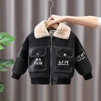 boys coat jacket outwear tops cotton 2022 stripe thicken plus velvet winter autumn school gift overcoat childrens clothes