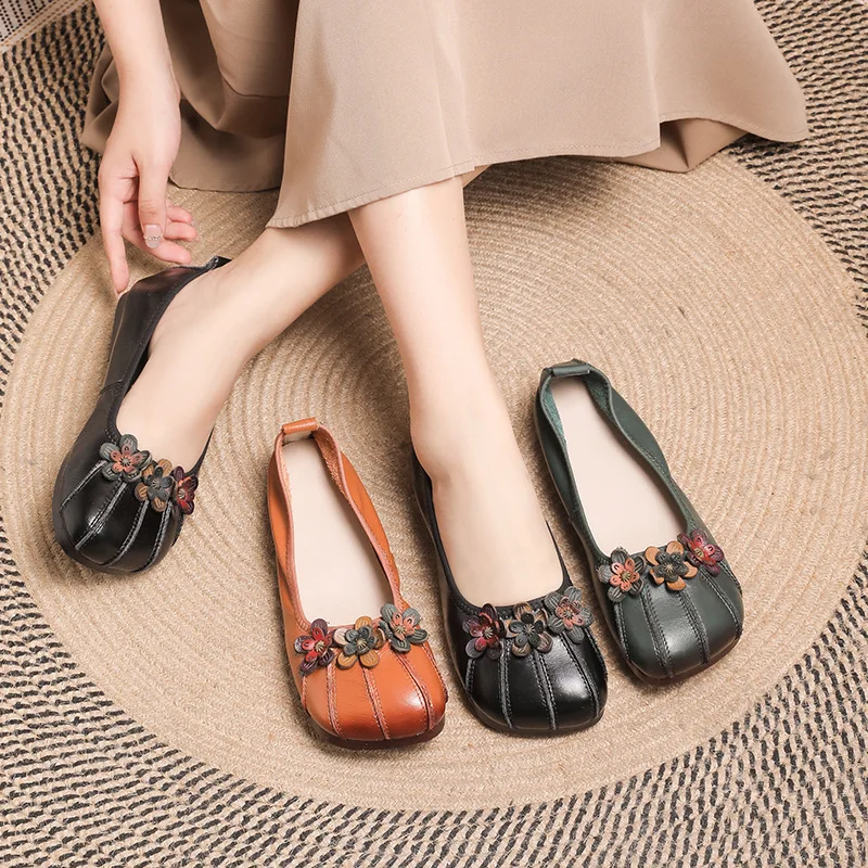 Xiuteng 2022 Summer Cow Leather Retro Mother Shoes Soft Bottom Small Single Shoes Handmade Cowhide Flower Dancing  Shallow Flats
