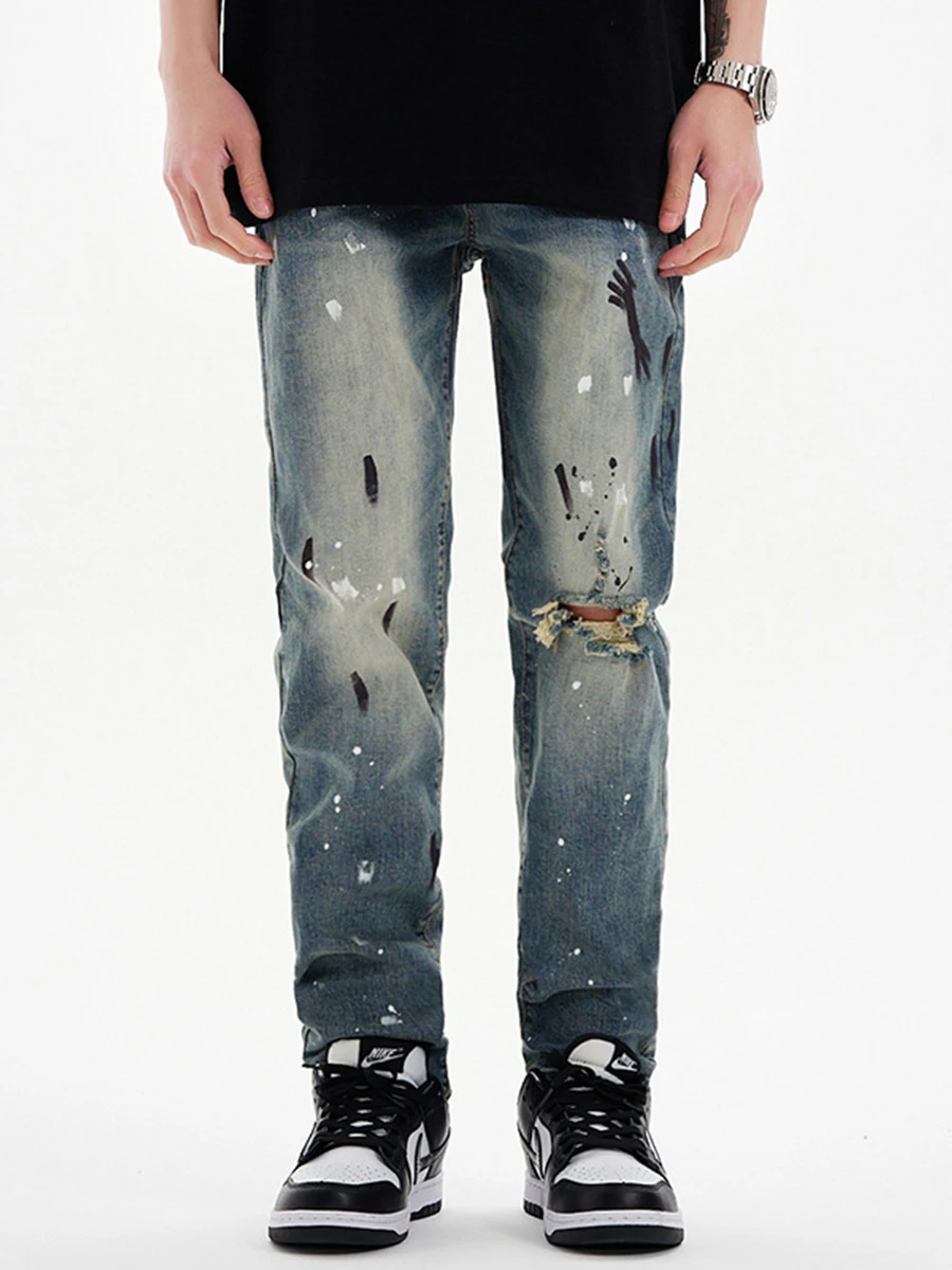 

Four Seasons Men's Jeans High Street Graffiti Pants Straight Ripped Casual Trousers Y2k Men Jeans Streetwear Ins Hot Sale JEANS