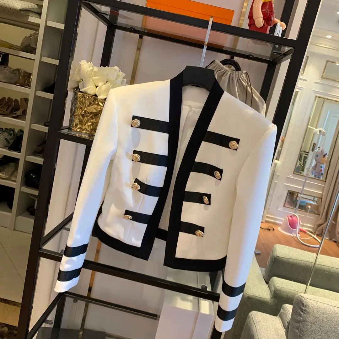 

A GIRLS Newest 2022 Designer Jacket Women's Black & White Color Block Collarless Lion Buttons Band Jacket Wholesale Dropship