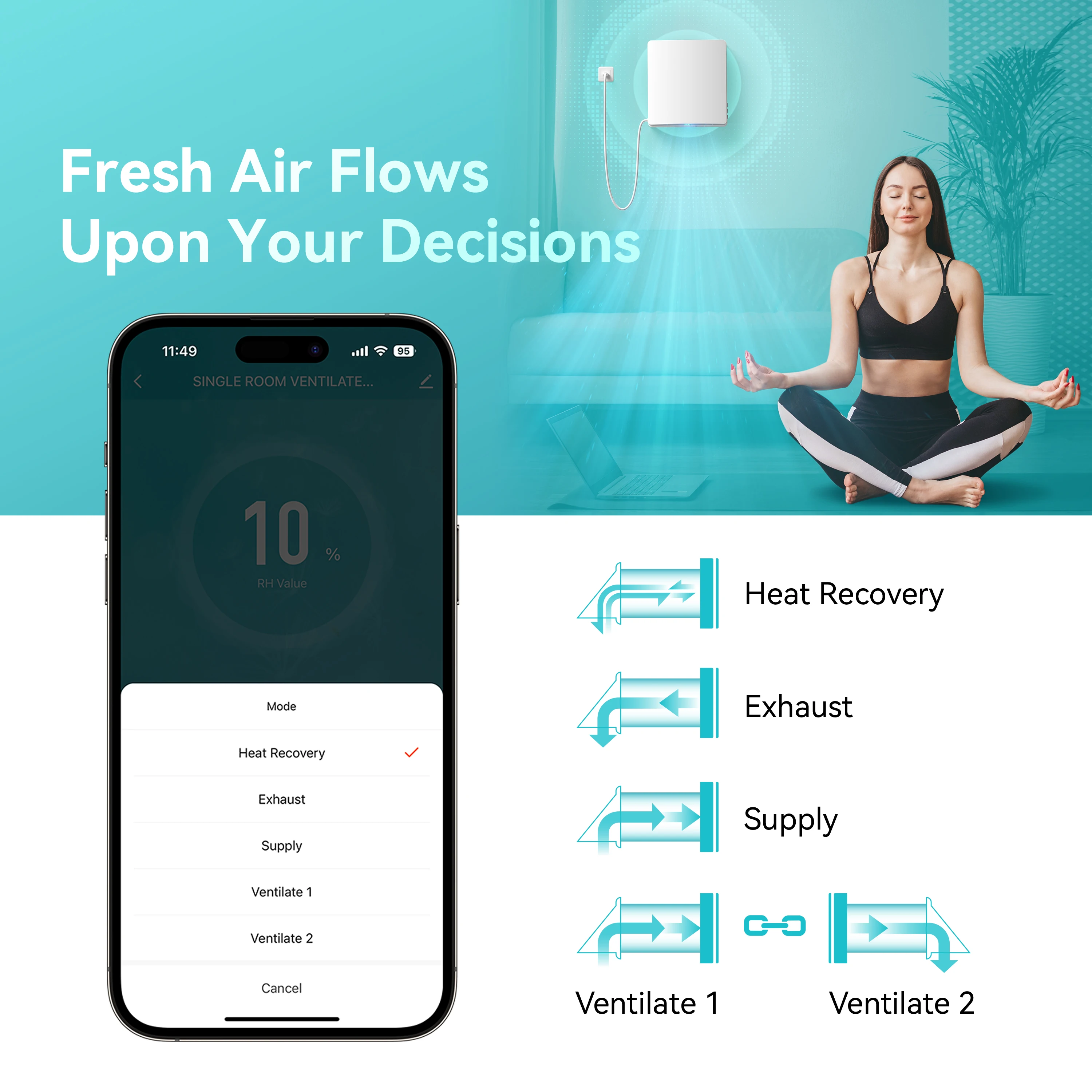 Система вентиляции свежего воздуха Airwoods Ductless HRV для дома, без воздуховодов, от поставщика ERV для однокомнатных помещений (art.: 3920d8cdb00ef) - 3920d8cdb00ef