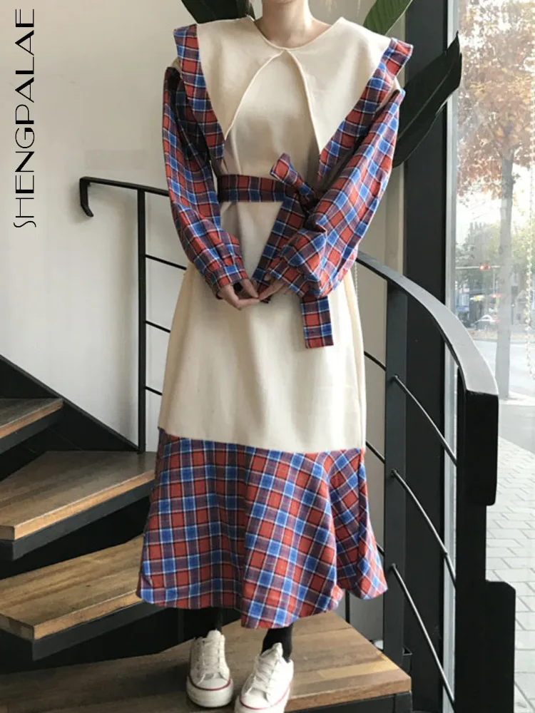 

Женское платье в клетку SHENGPALAE, винтажное платье в клетку с острым воротником, Осень-зима 2022