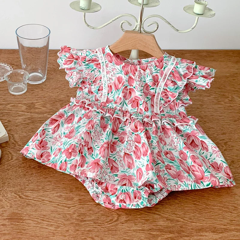 

Infant Baby Girls Jumpsuit Fly Sleeved Cotton Floral Printing Toddler Baby Girl Romper Baby Girls Clothes For Summer