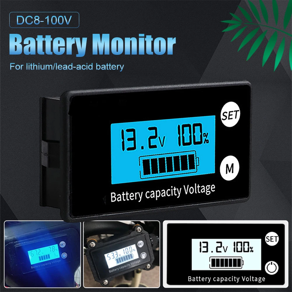 

DC 8-100V Car Battery Monitor Battery Voltage Capacity Meter LCD Display with Backlit for Ternary Lithium Lead-acid Lithium Iron