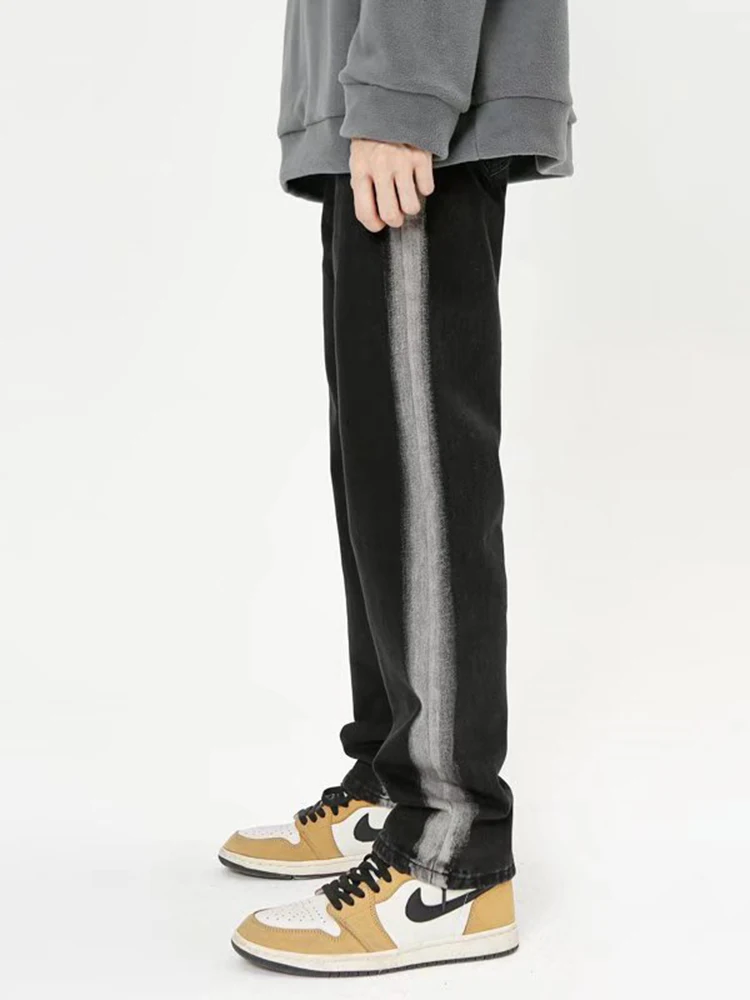 Men Fashion Street Clothing Retro Gothic Striped Jeans Loose Casual Wide -legged Denim Cloth Straight Rail Pants Hip -hop Jeans