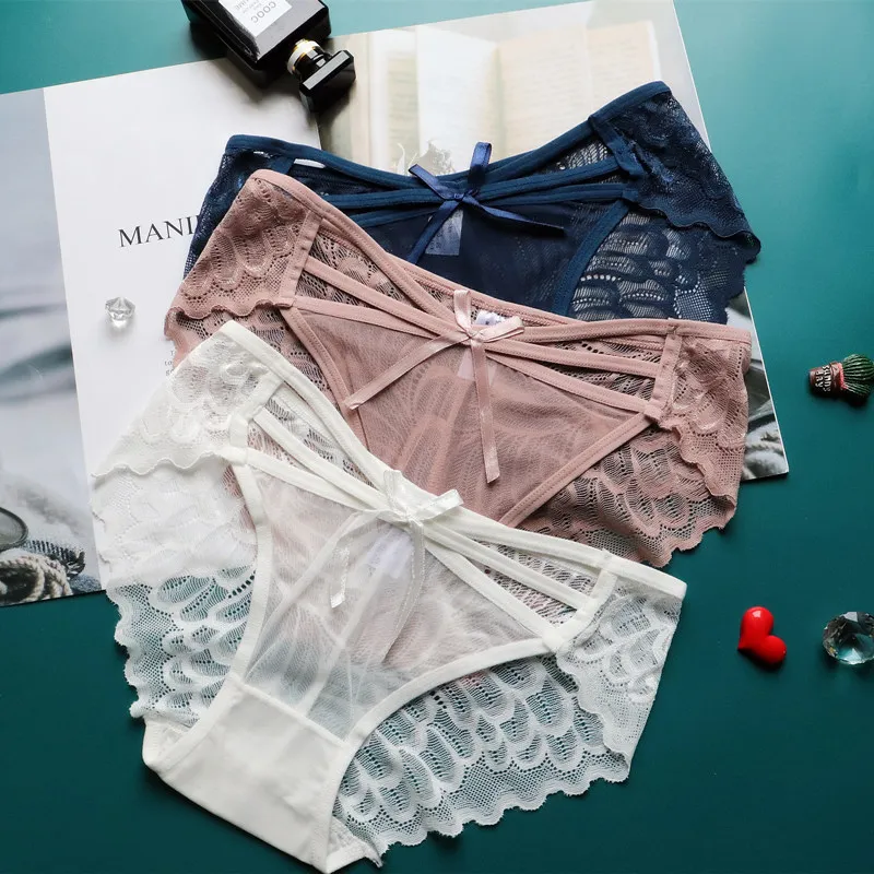 

New Style Japanese Mesh Lace-up Girl Sexy Sweet Transparent Ladies Low-waist Lace Panties Women Pure Cotton Underwear Women