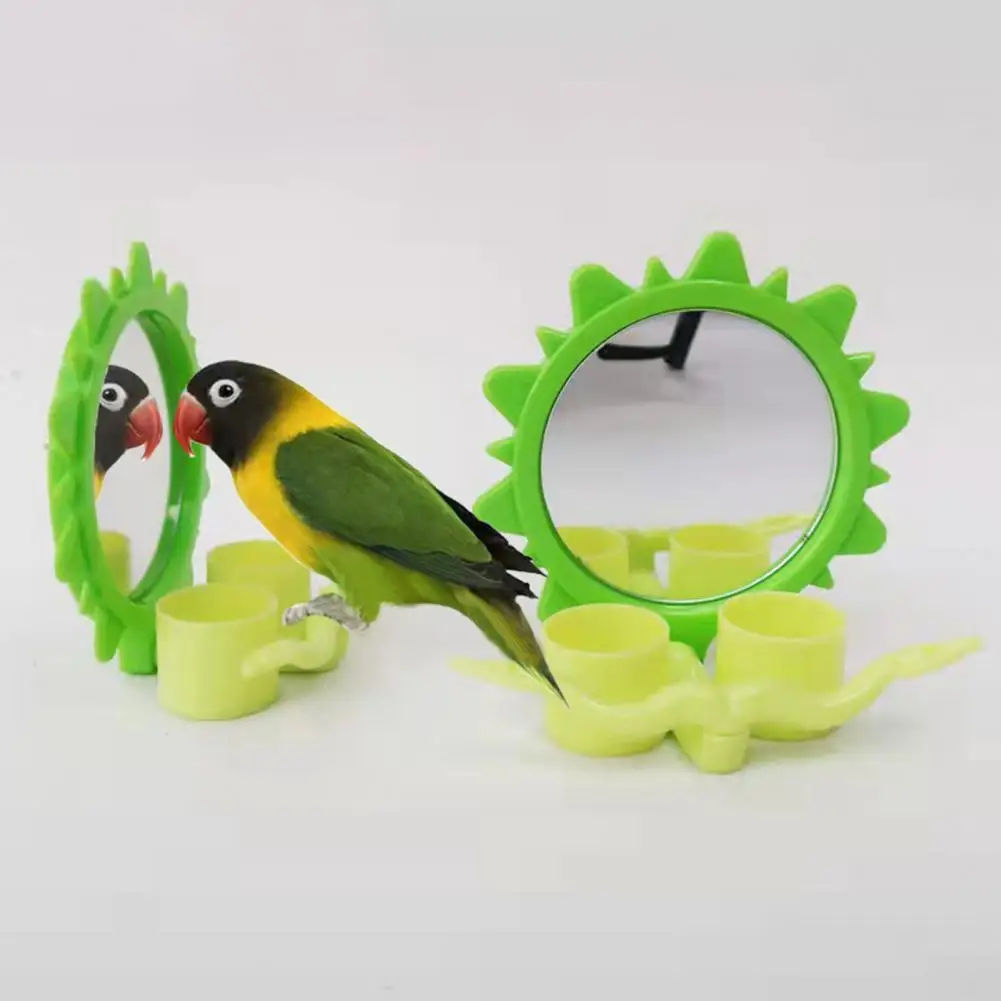 

Useful Bird Mirror Toy Practical Easy Installation Lightweight 3 in 1 Design Parrot Mirror with Feeder Bowl