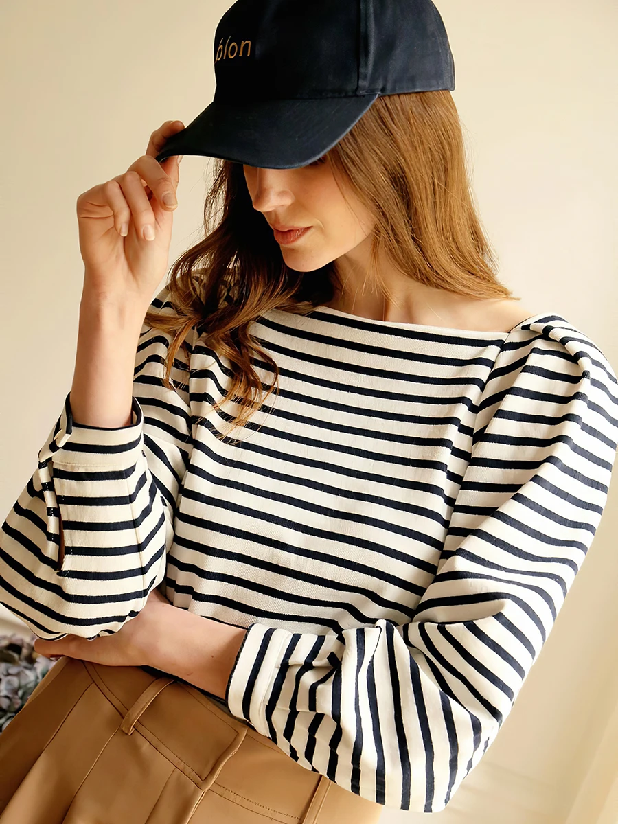 

Vintage Striped T-shirts Spring Autumn Women Puff Sleeves Square Collar Pleated Cotton Tee Shirts Femme Elegant Casual Tshirts