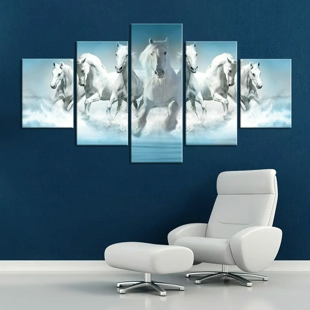 

5 панельных белых лошадей бегущая картина на стену искусство HD Печать декор картины декор для комнаты