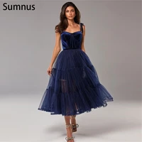 sumnus vintage navy blue tulle evening dresses 2022 a line tea length spaghetti strap robe de soiree de mariage prom dresses
