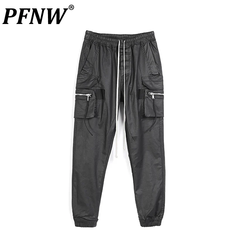 PFNW Darkwear Niche Design Coating Wax Brushing Zipper Pocket Casual Pants Men Loose Chic Tide Techwear Cargo Pants 12A4853