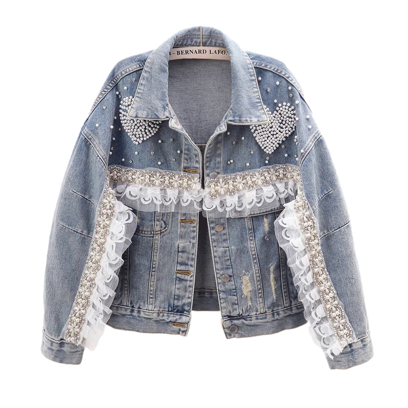 

Lace Beading Denim Jacket Coat Women Vintage Blue Loose Short Cowboy Outerwear Autumn Korean Holes Pocket Jeans Jackets Female
