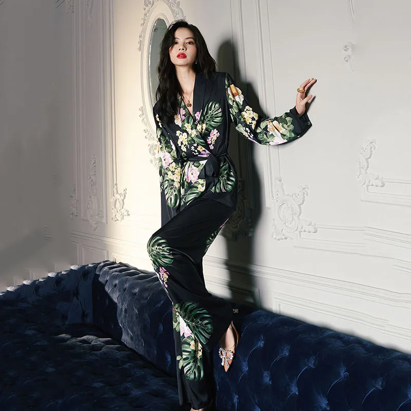 Women 2 Pieces Satin Silk Floral Printed Sleepwear Long Sleeve Surplice Top with Belt and Long Pants Pajamas Set