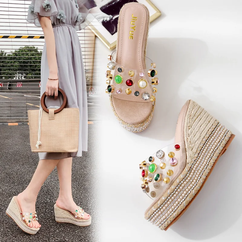 

Summer Women Sexy Sequins Platform Wedges Sandals Slippers High Heels Pearls Crystal Thick Sole Mules Slides Beach Shoes 9cm New