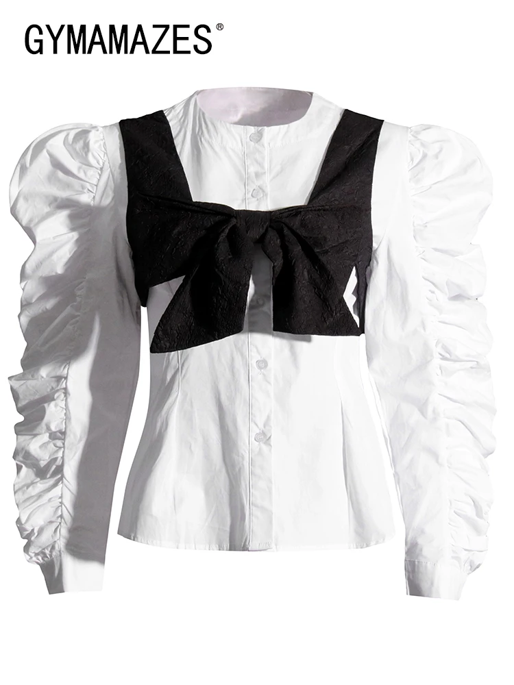 

Женская рубашка с бантом, круглым вырезом и длинным рукавом