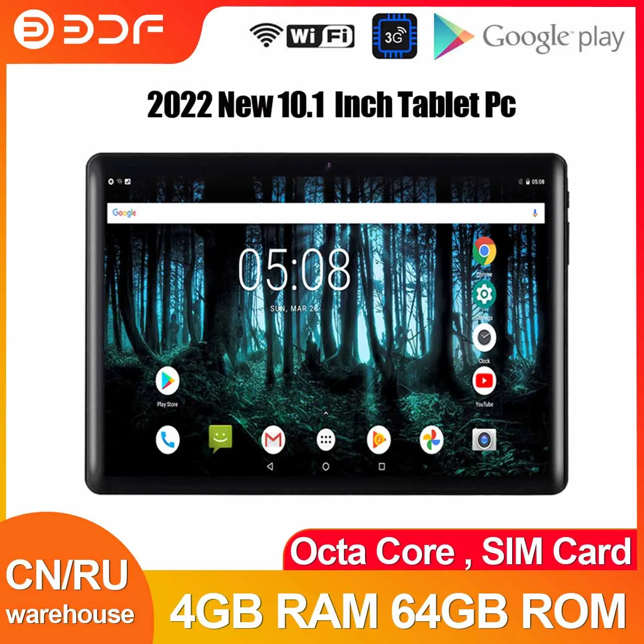 BDF 2022 New Tablet Pc 10.1 Inch Android 9.0 Google Play 4GB RAM 64GB ROM Octa Core 3G Phone Calls WiFi Bluetooth GPS Tablet