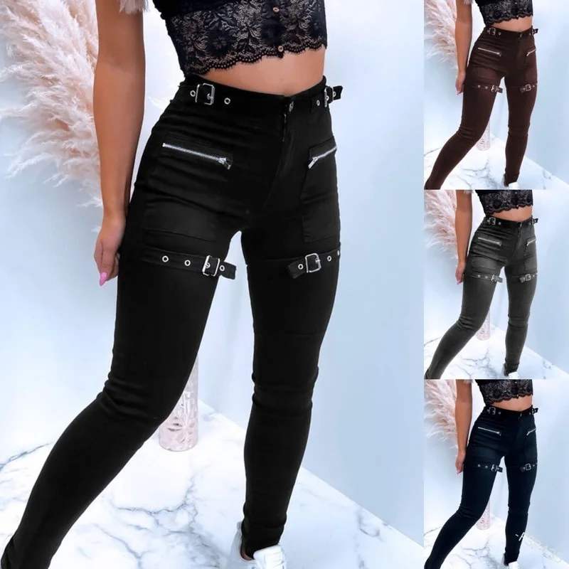 

Mandylandy Women Vintage Punk Pencil Pants Lady Fashion High Waist Zipper Belt Slim Fit Bodycon Long Trousers