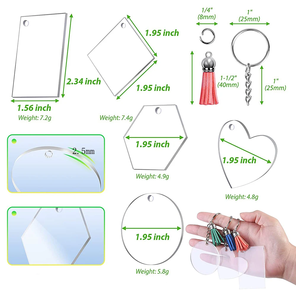 200PCS Acrylic Keychain Blanks Craft Tassel Keychain Round Clear Discs Circles Colorful Tassel Key Rings Set for DIY Craft