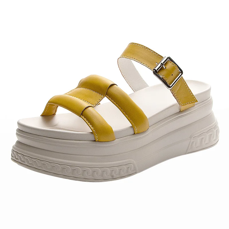

Fujin 7cm Genuine Leather Women Platform Slippers Wedge Sandals High Heel Women Summer Shoes Retro Female Sweet Slides